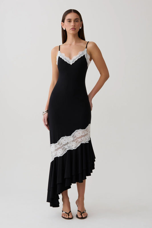 Annis Frilled Hem Lace Midi Dress Black White