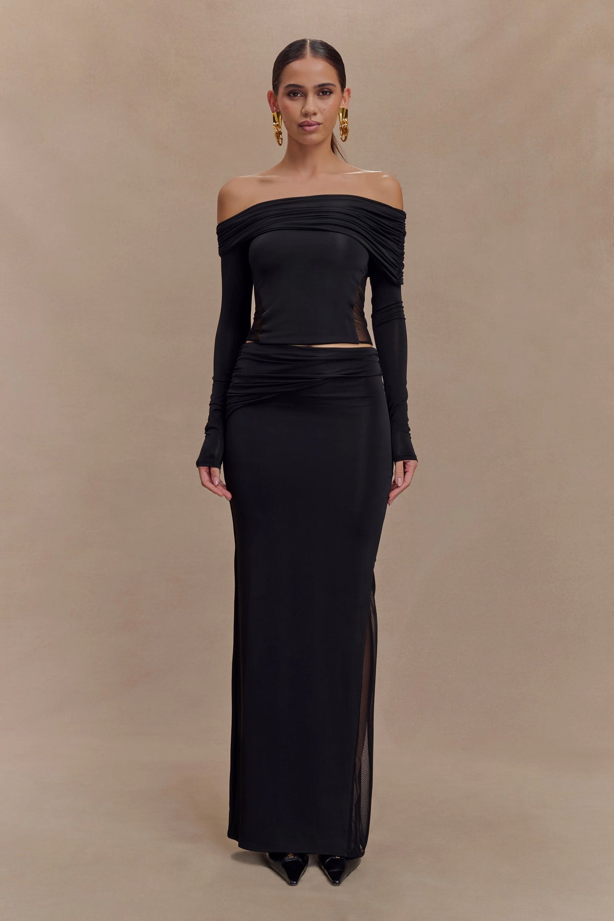 Judy Slinky And Mesh Maxi Skirt Black