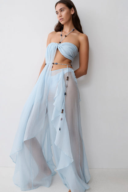 Kai Beaded Draped Scarf Top Pale Blue