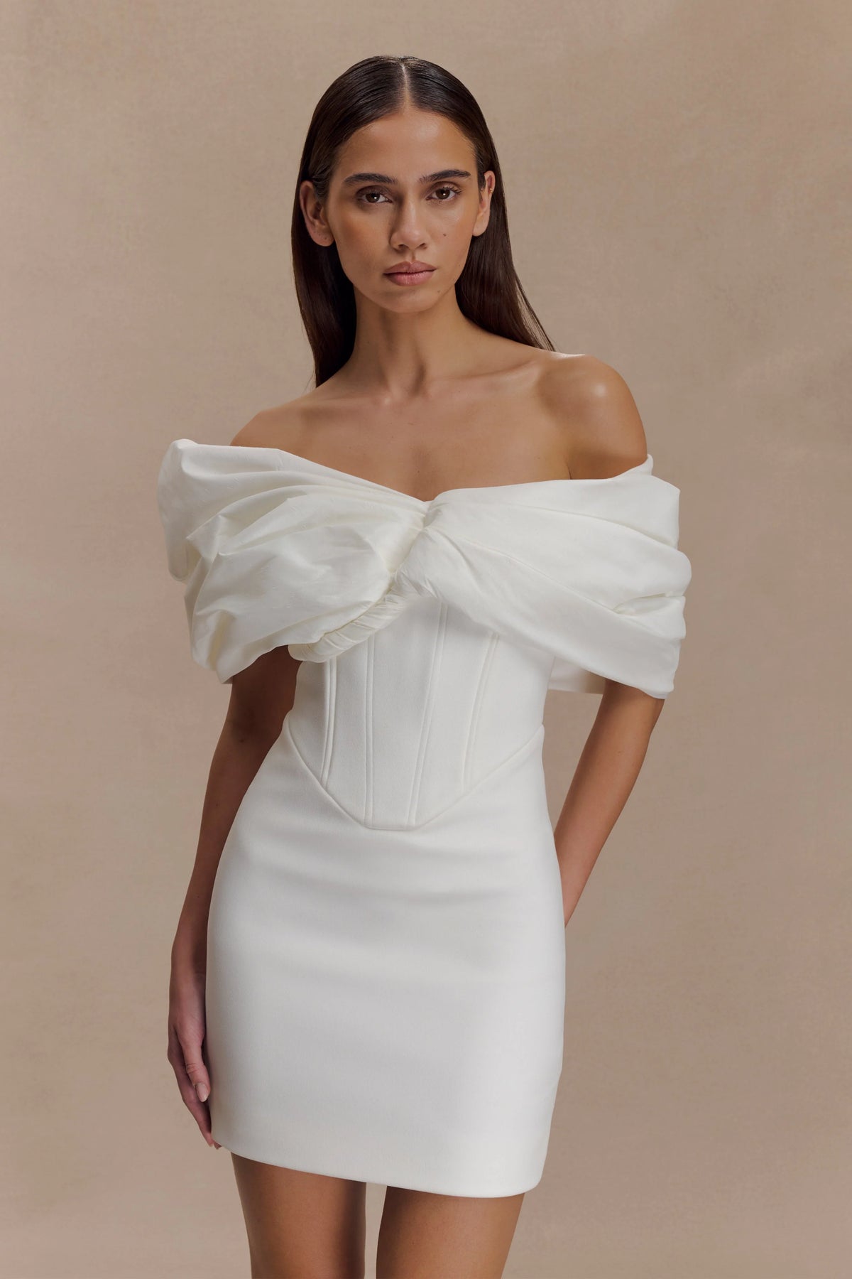 Aphrodite Off Shoulder Crepe Mini Dress Ivory
