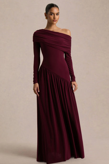 Farah Burgundy Asymmetric Neck Maxi Dress With Drop Waist And Ruched Detailing