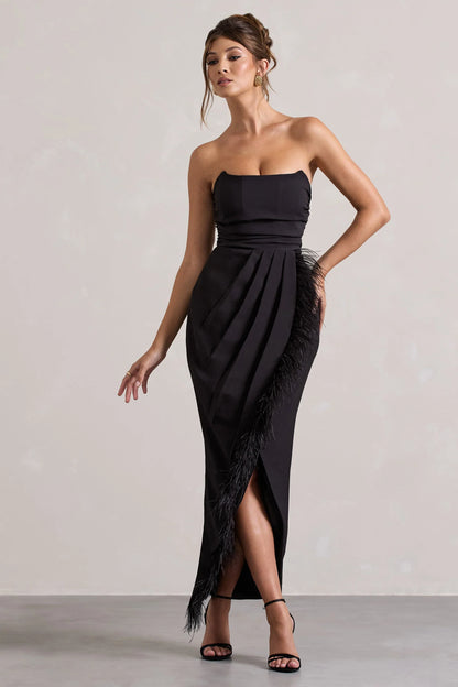 Chosen Black Bandeau Wrap Maxi Dress With Feather Trim