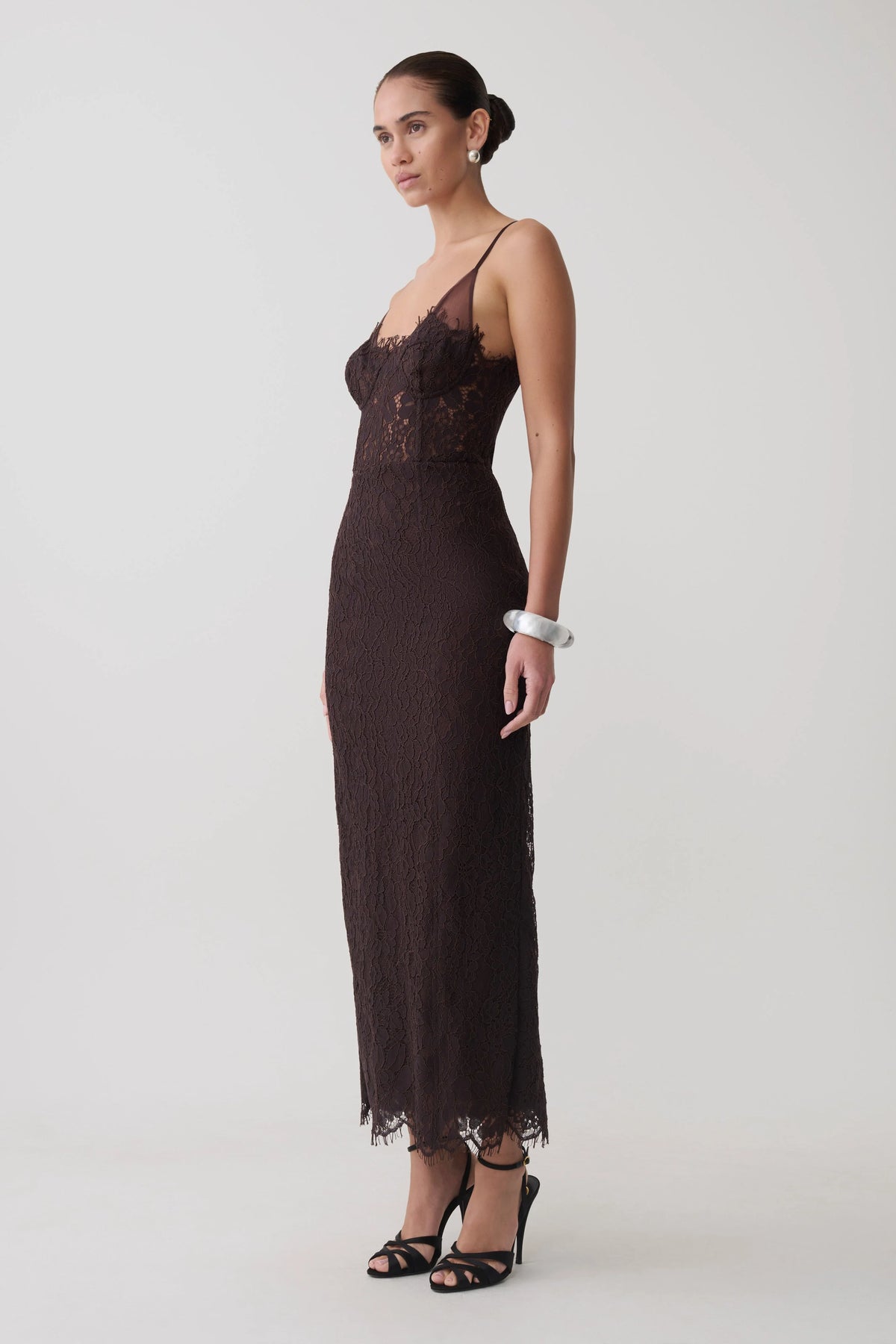 Ottilie Lace And Mesh Midi Dress Dark Chocolate