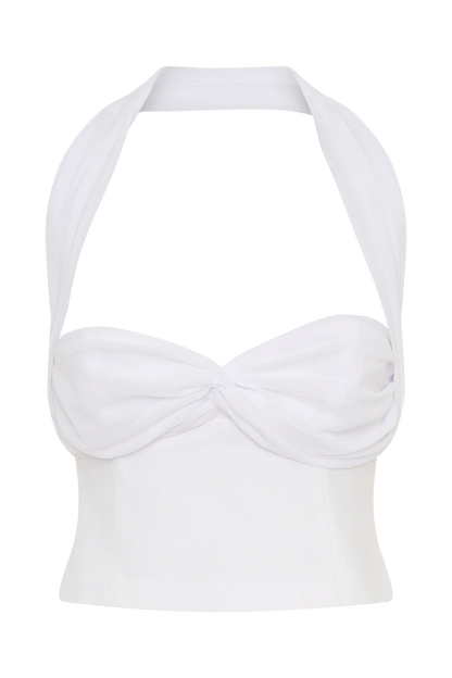 Talia Chiffon And Linen Halter Top White