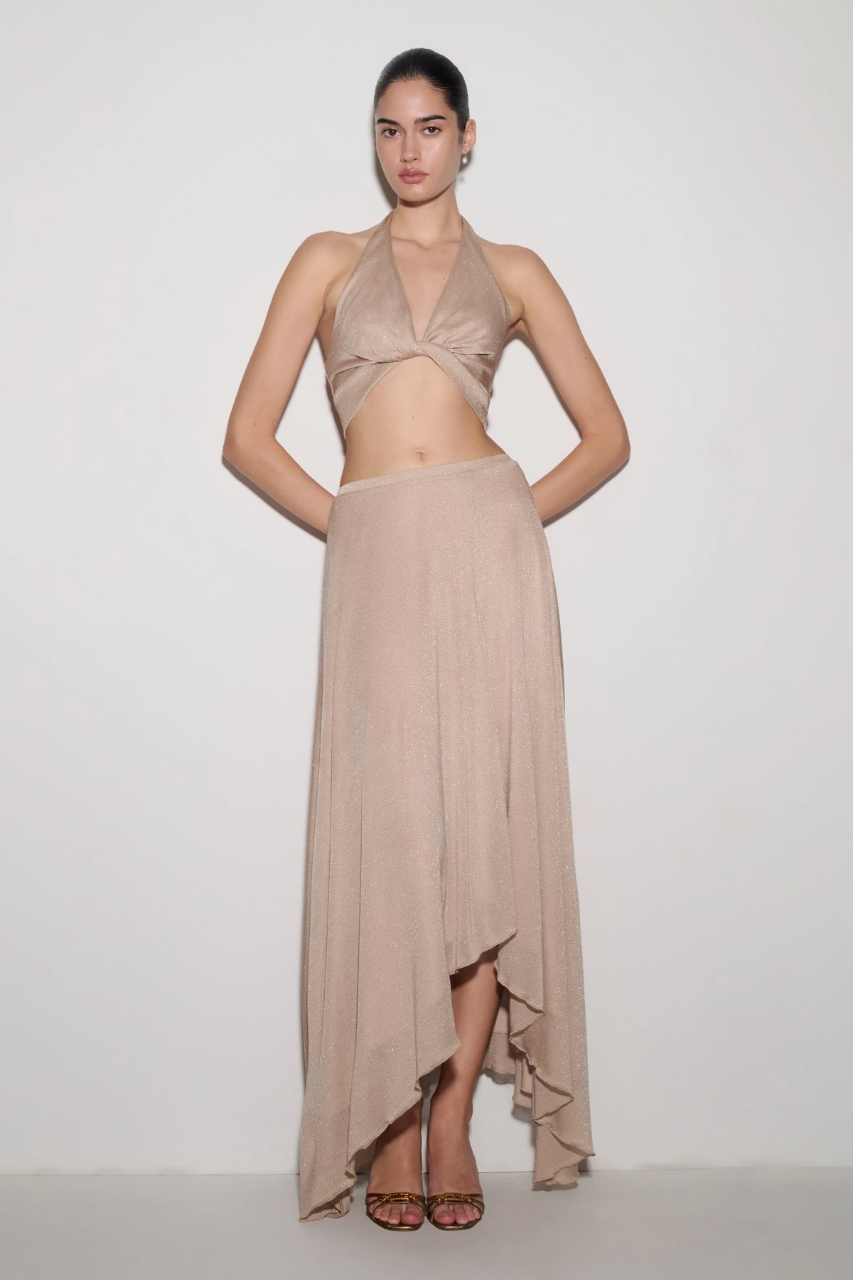 Nola Draped Lurex Halter Top Gold
