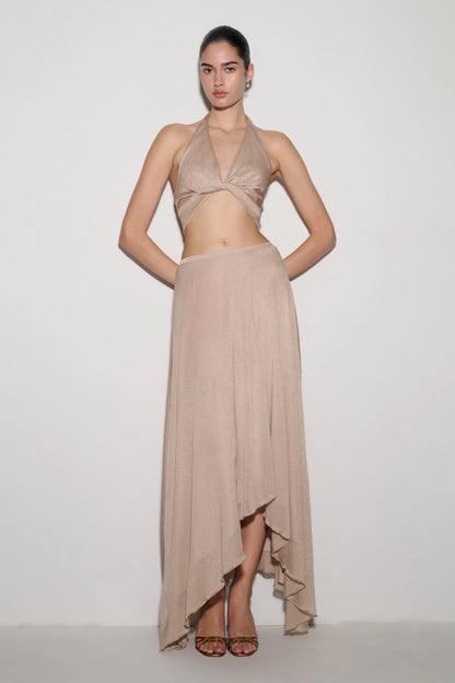 Nola Draped Lurex Halter Top Gold