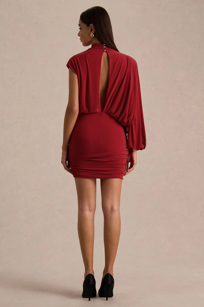 Zelda Red High Neck Mini Dress With One Long Sleeve And Twisted Detail