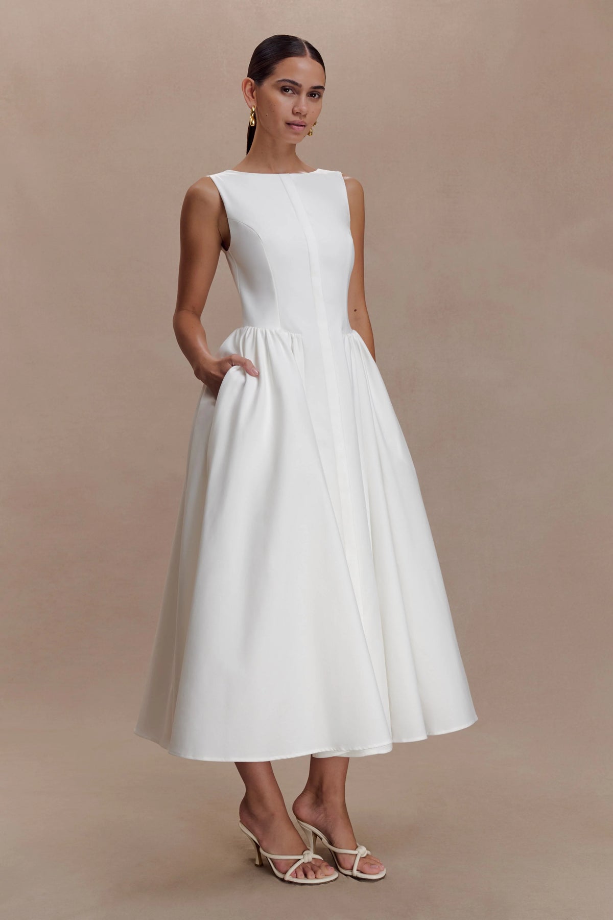 Monika Gathered Waist Cotton Midi Dress White