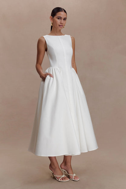 Monika Gathered Waist Cotton Midi Dress White