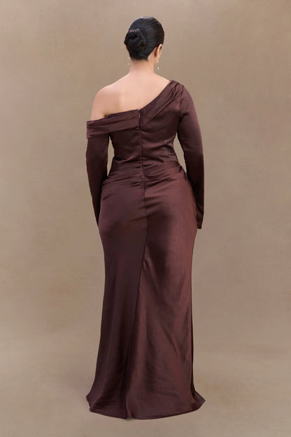 Iris Long Sleeve Satin Maxi Dress Dark Chocolate