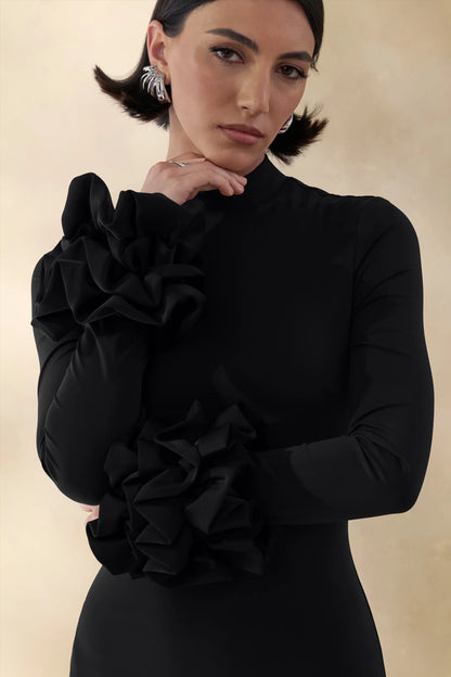 Jaselle Black High Neck Maxi Dress With Ruffled Satin Cuffs