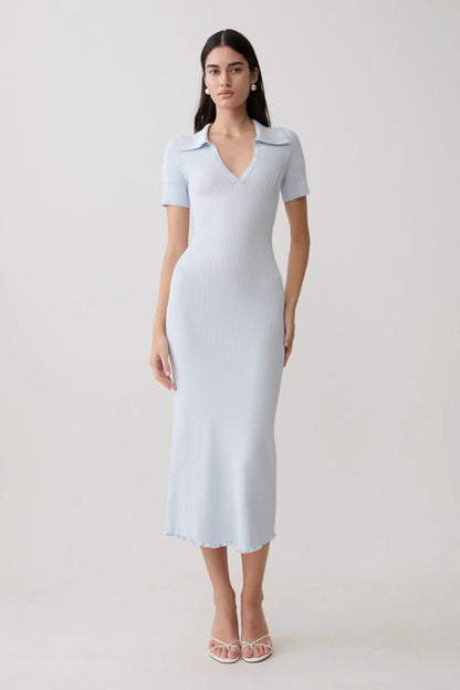 Nichelle Short Sleeve Collared Knit Midi Dress Light Blue