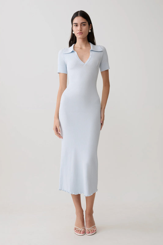 Nichelle Short Sleeve Collared Knit Midi Dress Light Blue