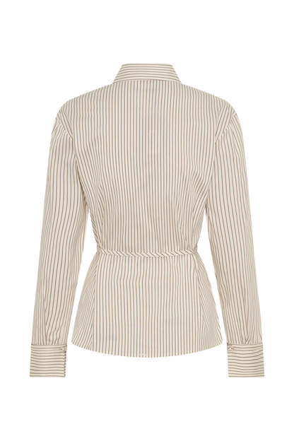 Millie Tie Back Cotton Shirt Beige Pinstripe