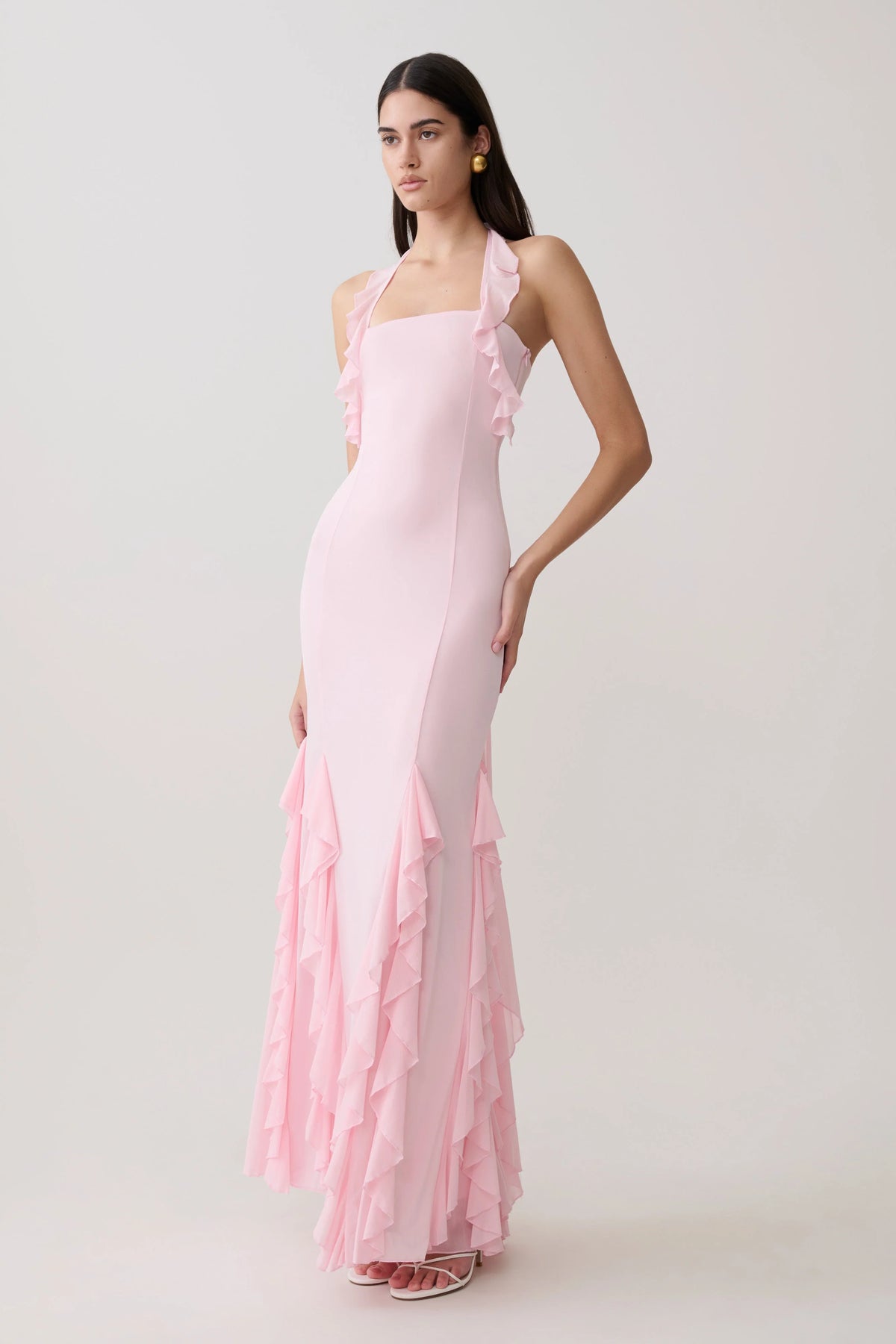 Etta Ruffle Slinky Maxi Dress Pale Pink