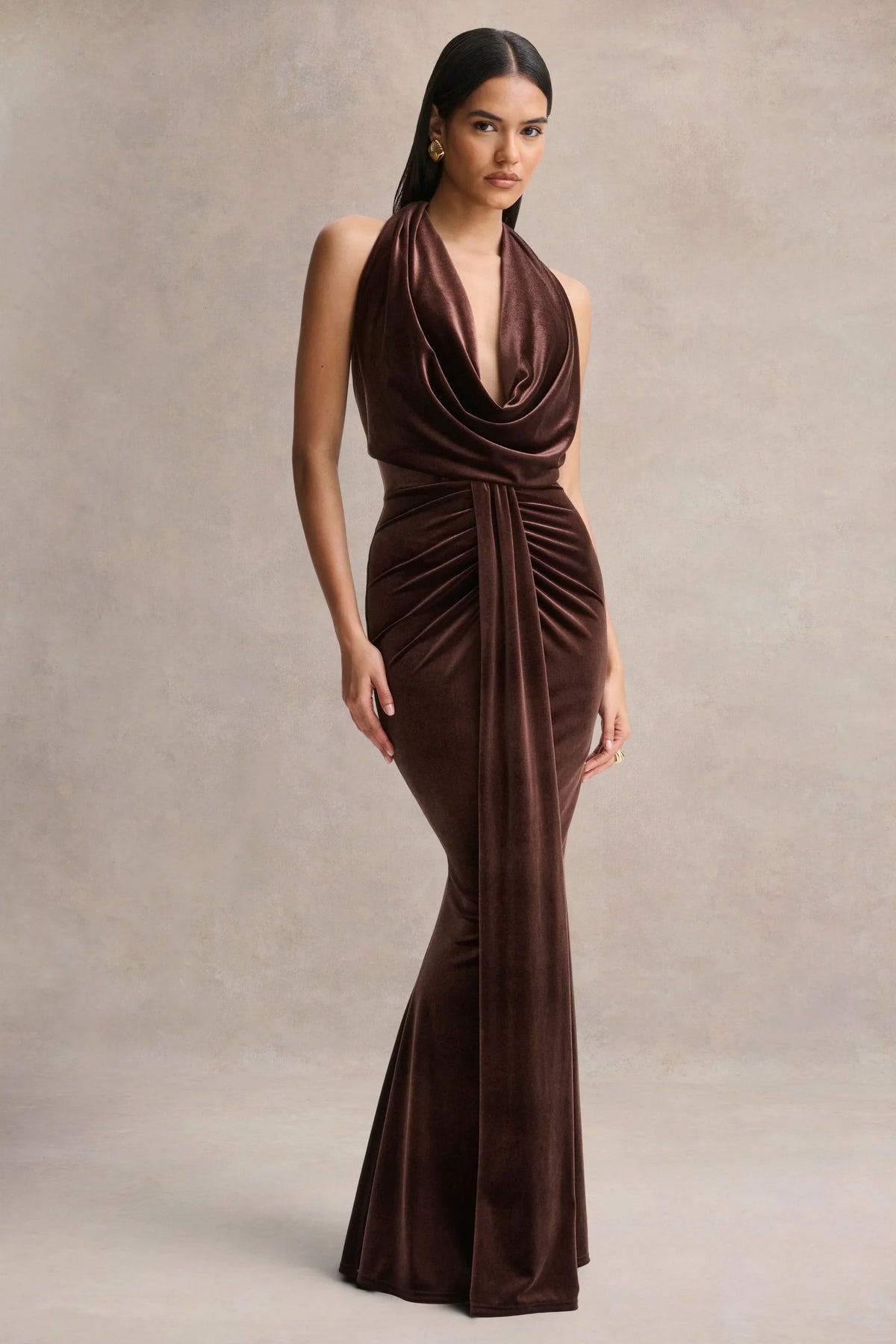 Lavernia Brown Velvet Halter Neck Maxi Dress With Gathered Detailing