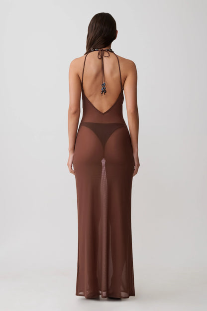 Ethal Mesh Cowl Neck Beaded Maxi Dress Chocolate