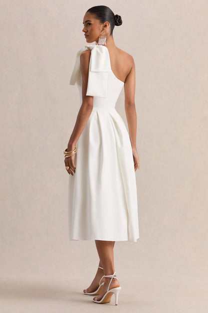 Meria White Asymmetric Neck Midi Dress With Bow Sleeve