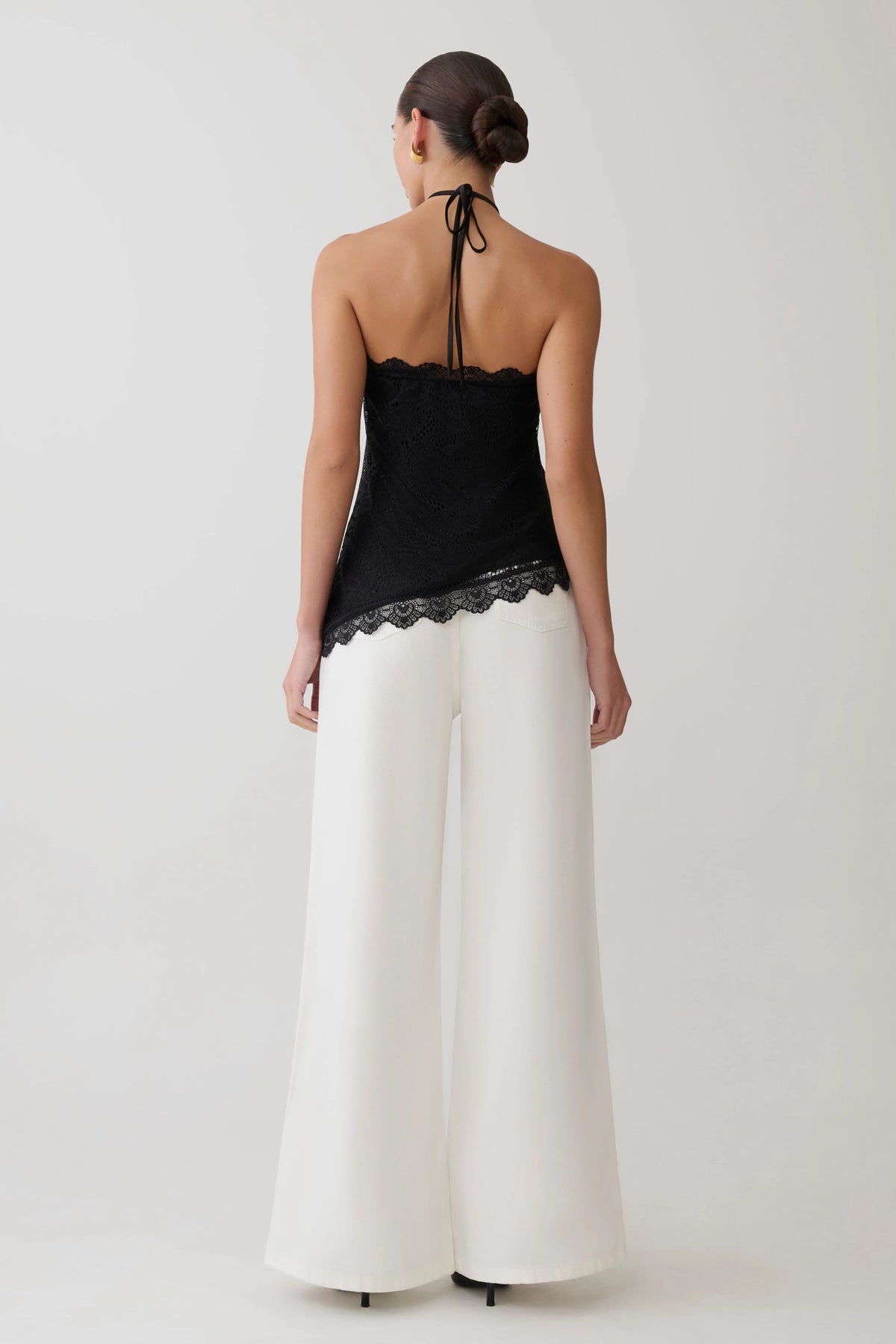 Theodosia Asymmetric Lace Halter Top Black