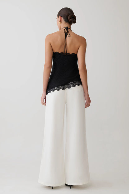 Theodosia Asymmetric Lace Halter Top Black
