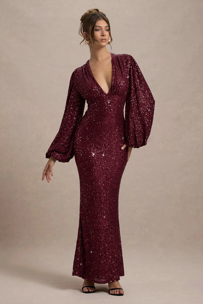 Kaelin Berry Sequin Plunge Neck Maxi Dress