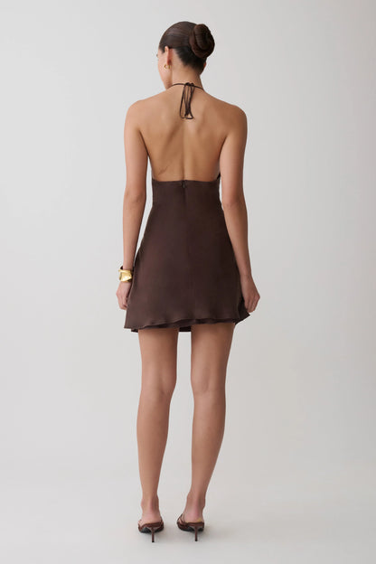 Maggie Cupro Halter Mini Dress Dark Chocolate