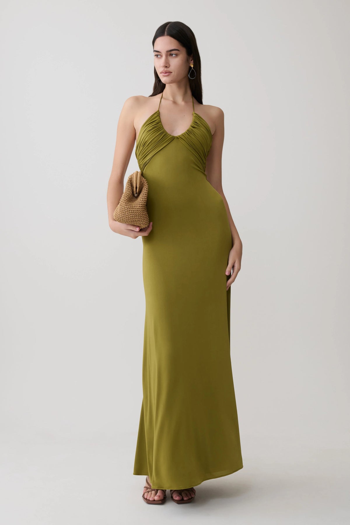 Maely Gathered Slinky Maxi Dress Olive