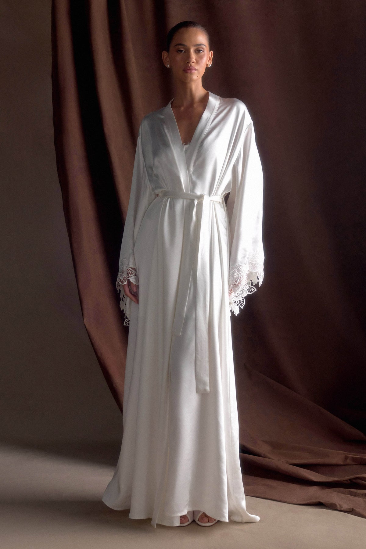 Sullivan Satin Bridal Robe With Lace Ivory