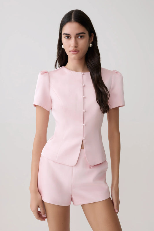 Anne Short Sleeve Satin Top Pale Pink