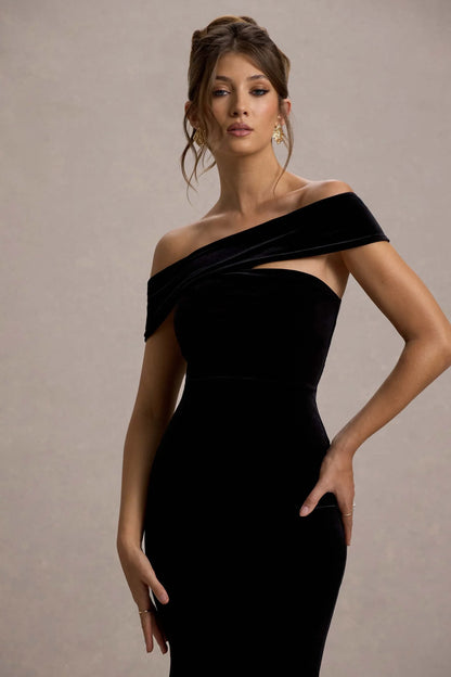 Candela Black Velvet Asymmetric Bardot Maxi Dress