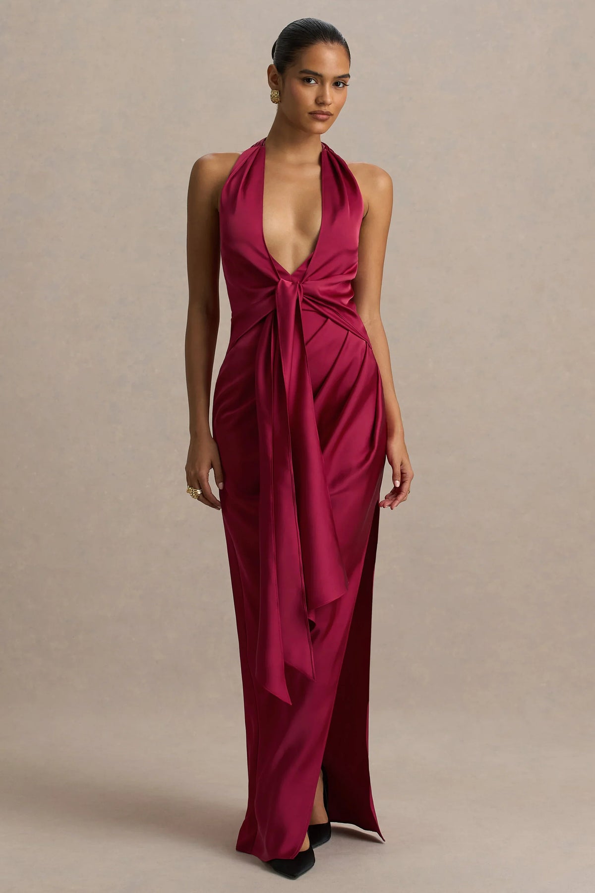 Lynette Burgundy Satin Plunge Neck Maxi Dress With Asymmetric Hem