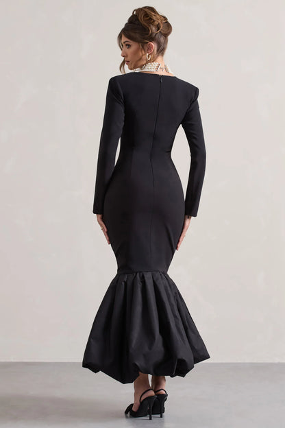 London Black Sweetheart Maxi Dress With Volume Hem