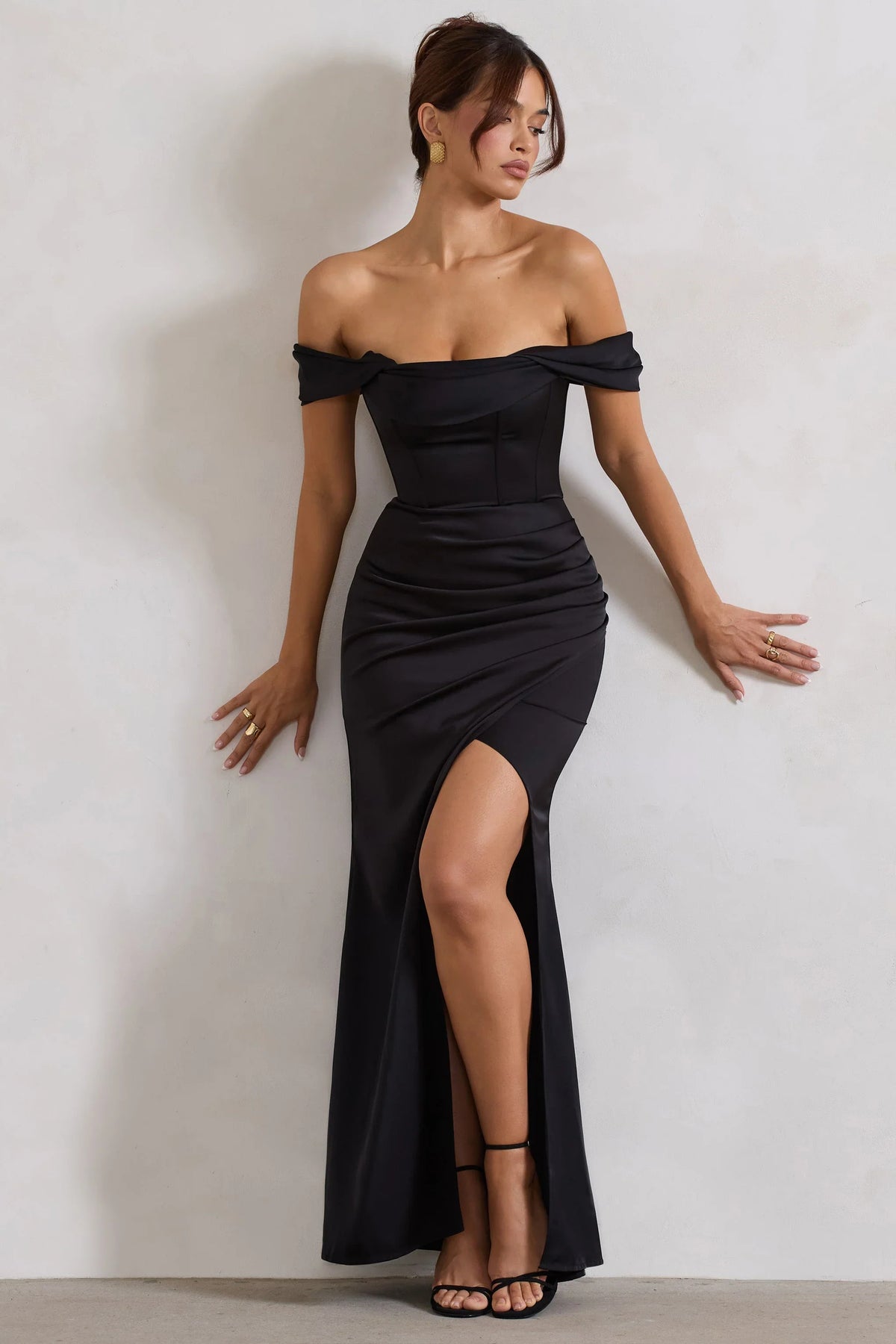 Kimberly Black Bardot Satin Maxi Dress