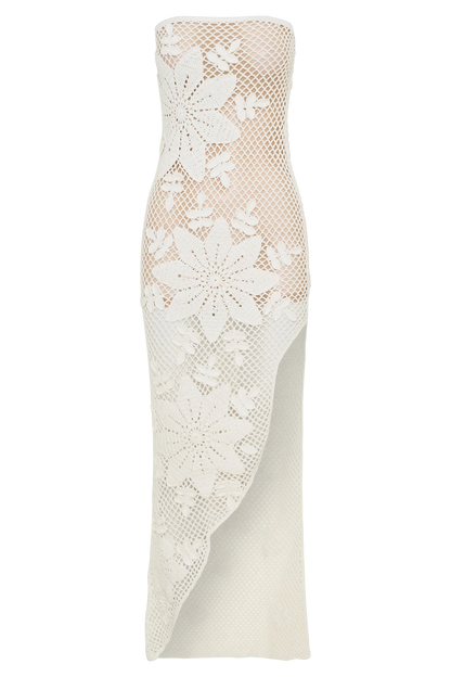 Mandie Hand Crochet Asymmetrical Maxi Dress White