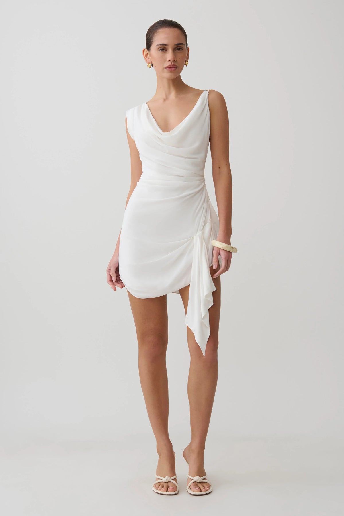 Lucile Cowl Drape Satin Mini Dress White
