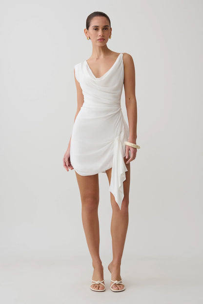 Lucile Cowl Drape Satin Mini Dress White