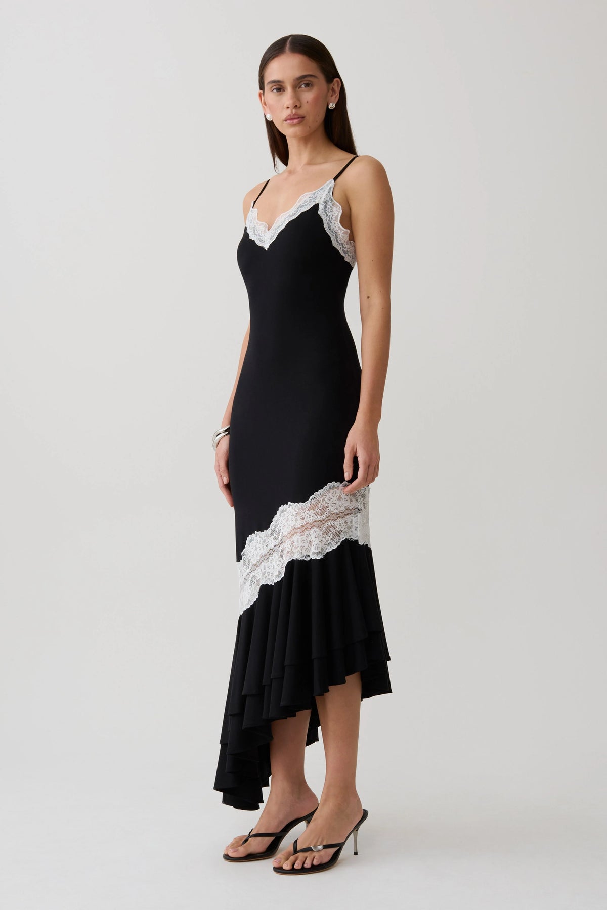 Annis Frilled Hem Lace Midi Dress Black White