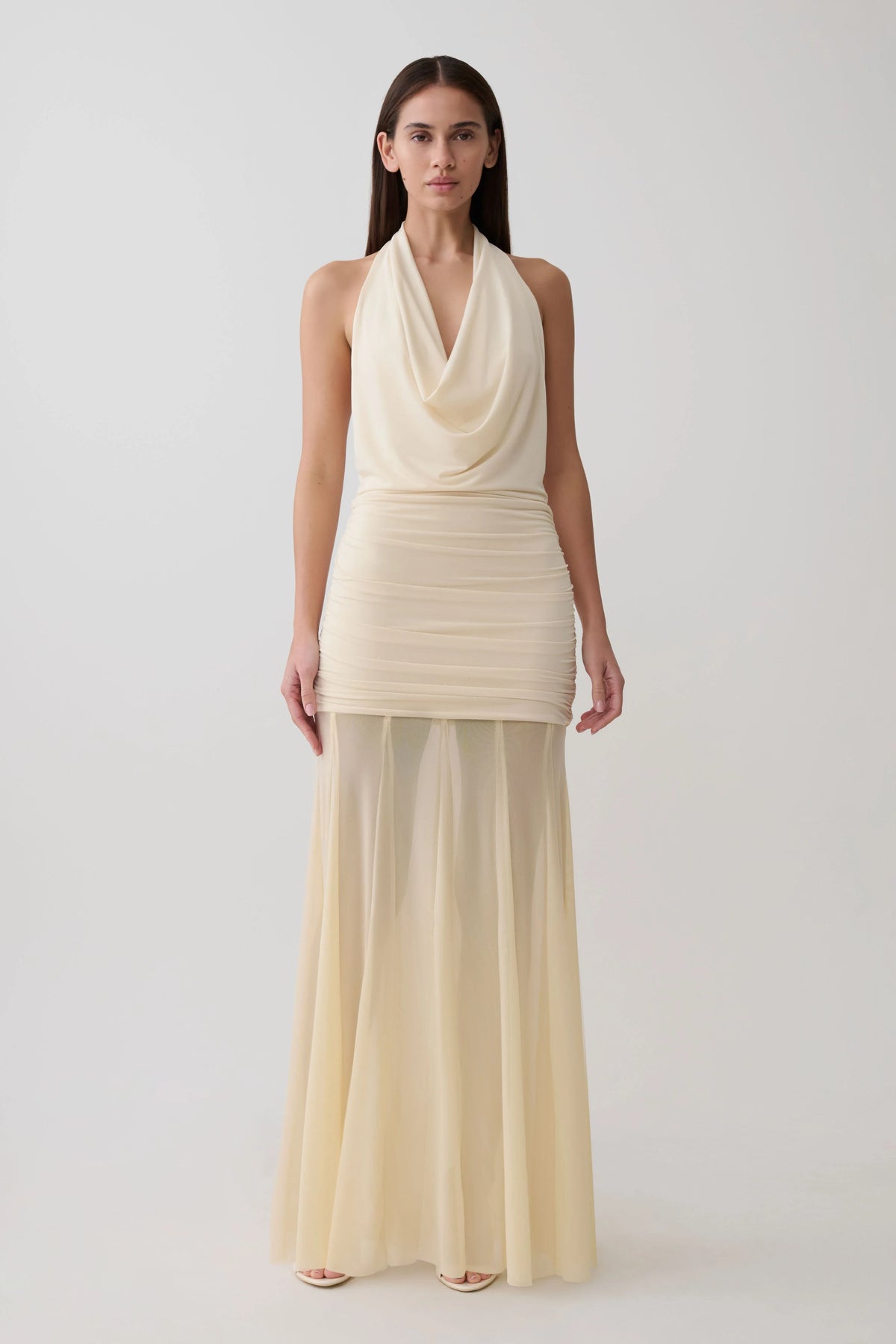 Jorja Draped Halter Slinky Maxi Dress Ivory