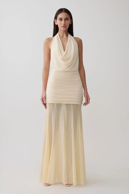 Jorja Draped Halter Slinky Maxi Dress Ivory