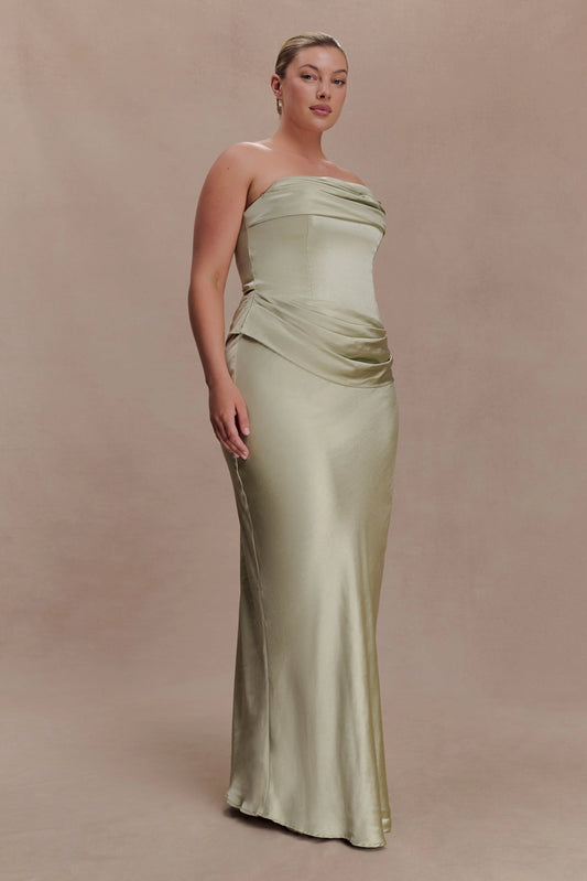 Jasmine Strapless Satin Maxi Dress Sage