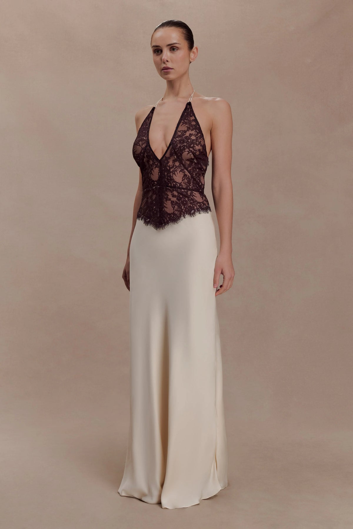 Sascha Lace And Satin Halter Maxi Dress Ivory Chocolate
