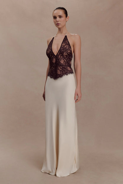 Sascha Lace And Satin Halter Maxi Dress Ivory Chocolate