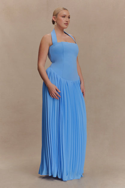 Stacie Pleated Halter Maxi Dress Bright Blue