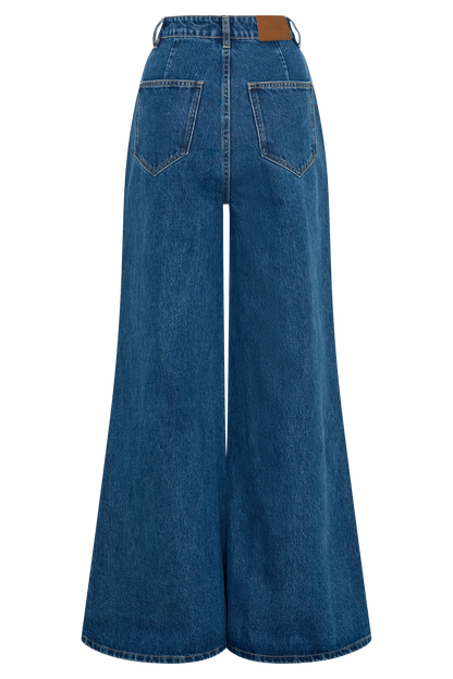 Jen Wide Leg Flare Denim Jeans Dark Blue