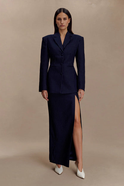 Cassie Column Maxi Skirt Navy Pinstripe