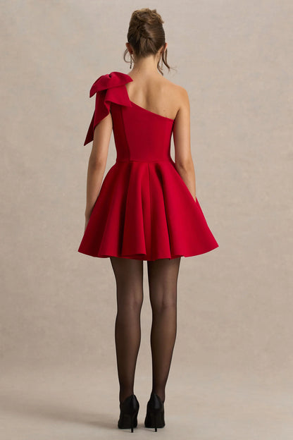 Prosperity Red Asymmetric Neck Mini Dress With Bow Detail