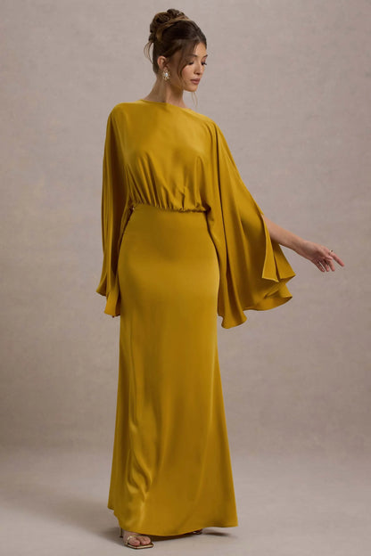 Zuzanna Mustard Draped Maxi Dress With Cape Sleeves