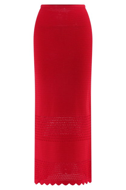 Madeline Scallop Knit Midi Skirt Red