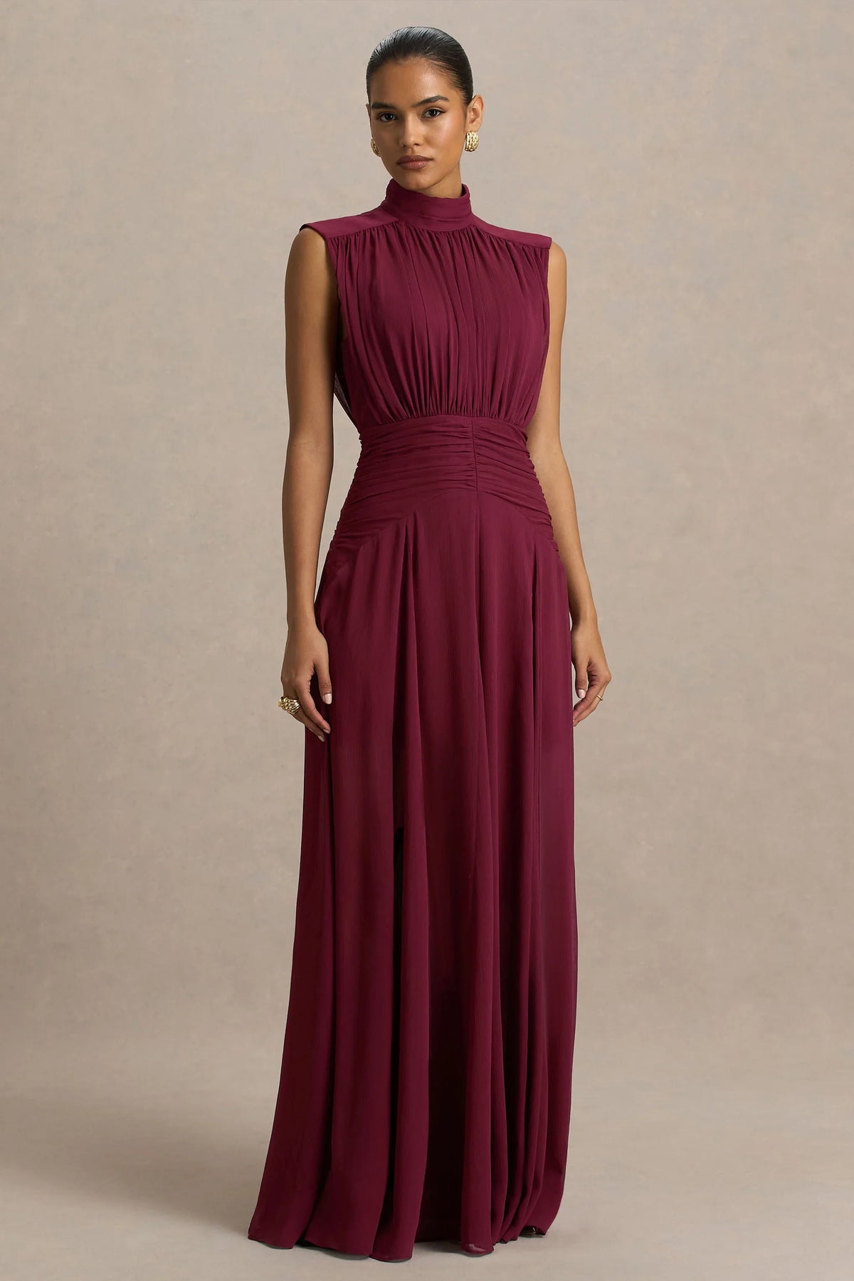 Melanina Burgundy High Neck Maxi Dress With Ruched Detailing