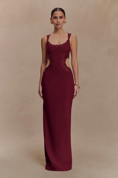 Angelique Beaded Crepe Maxi Dress Wine